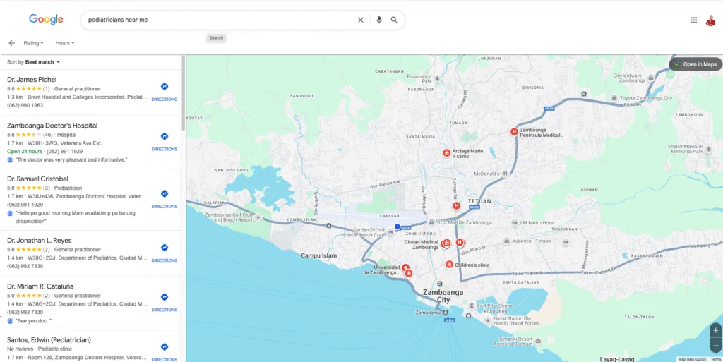 Mock search results showing a clinic at the top.